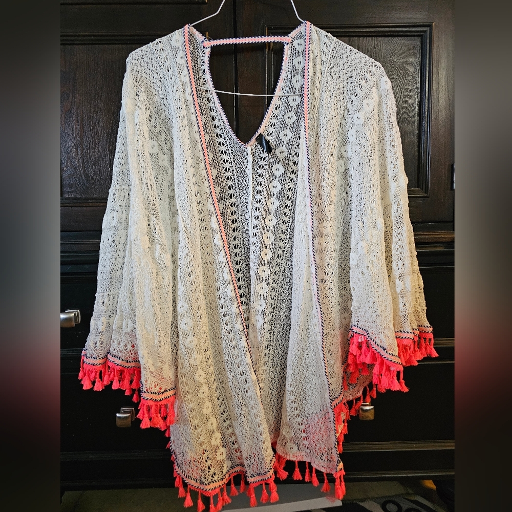 White Crochet Kimono with Pink Tassels